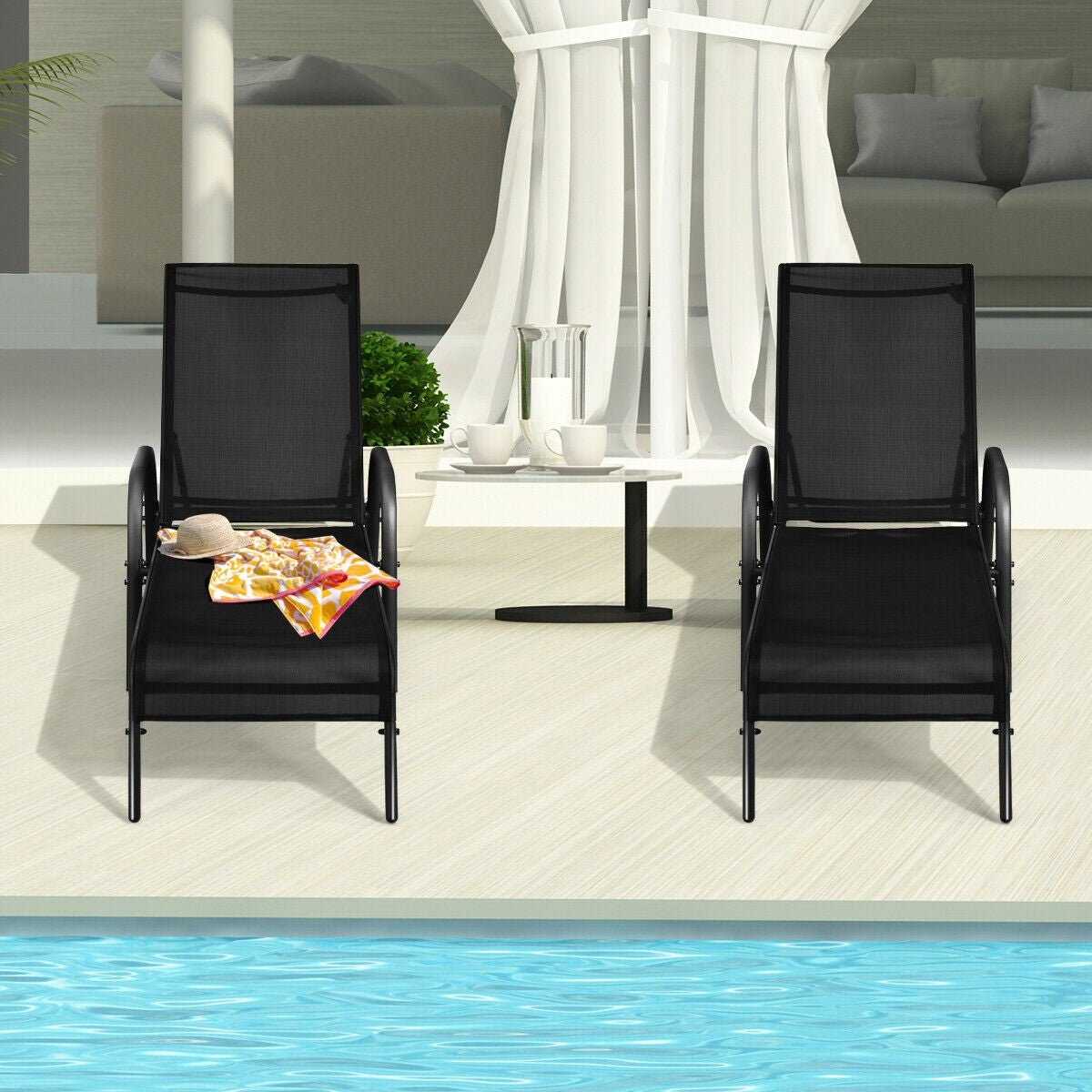 2 Pieces Outdoor Patio Lounge Chair Chaise Fabric with Adjustable Reclining Armrest-Black