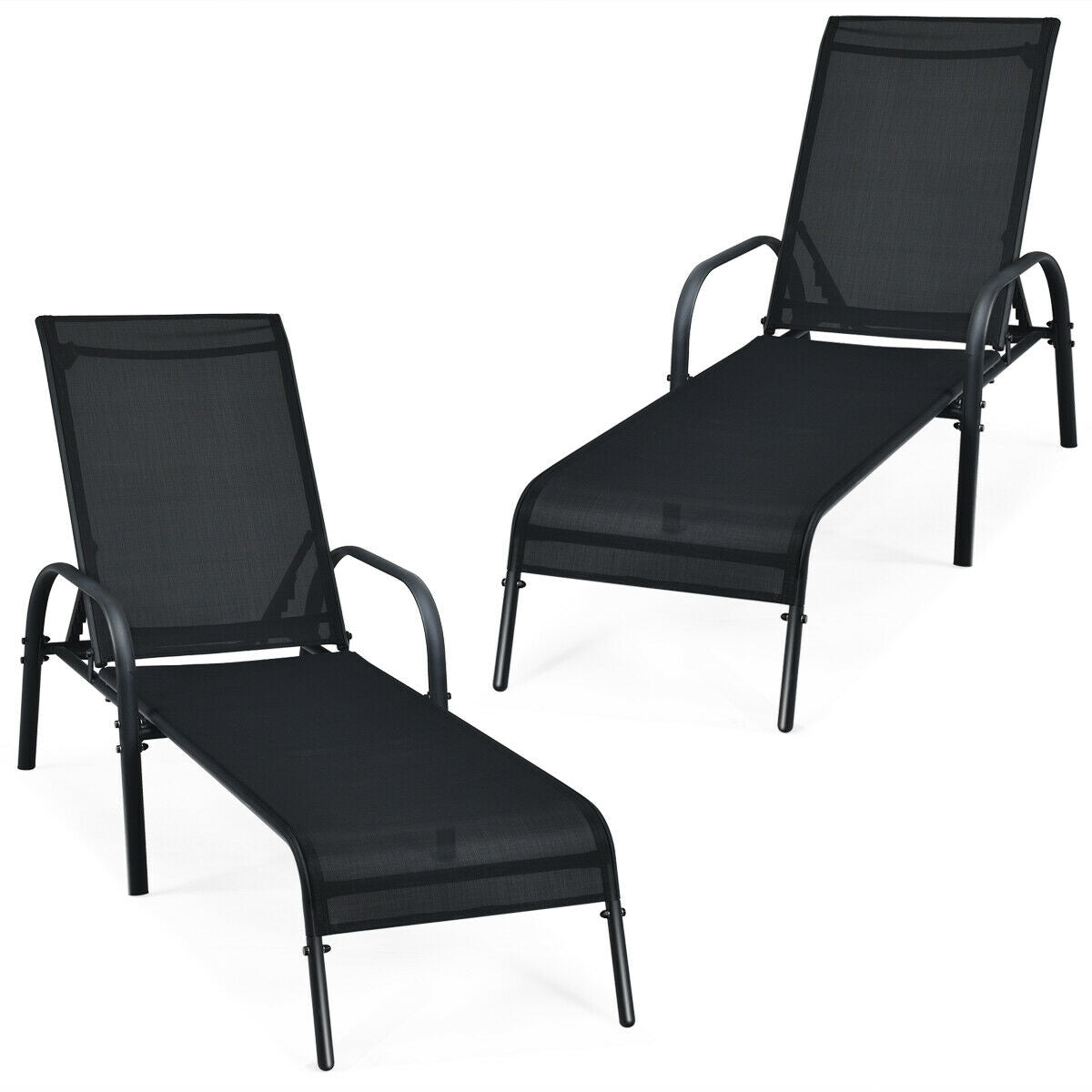 2 Pieces Outdoor Patio Lounge Chair Chaise Fabric with Adjustable Reclining Armrest-Black