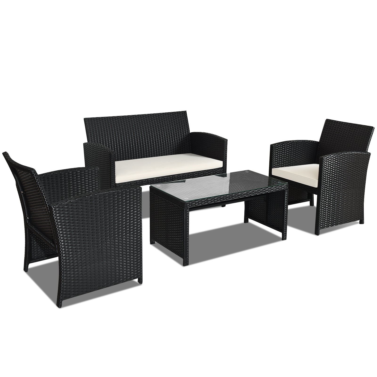 4 Pieces Rattan Patio Furniture Set with Weather Resistant Cushions and Tempered Glass Tabletop-White