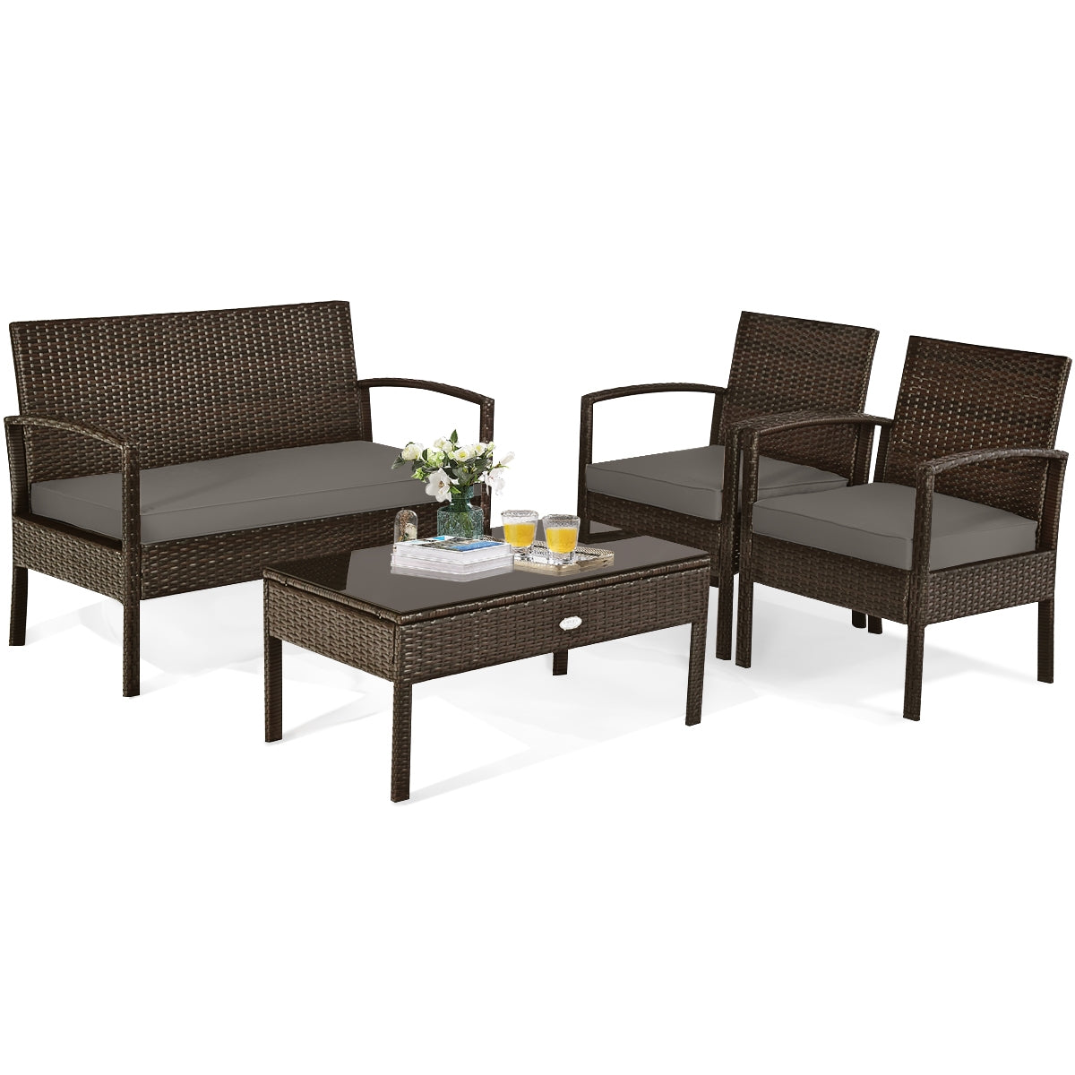 4 Pieces Patio Rattan Cushioned Furniture Set with Loveseat and Table -Brown