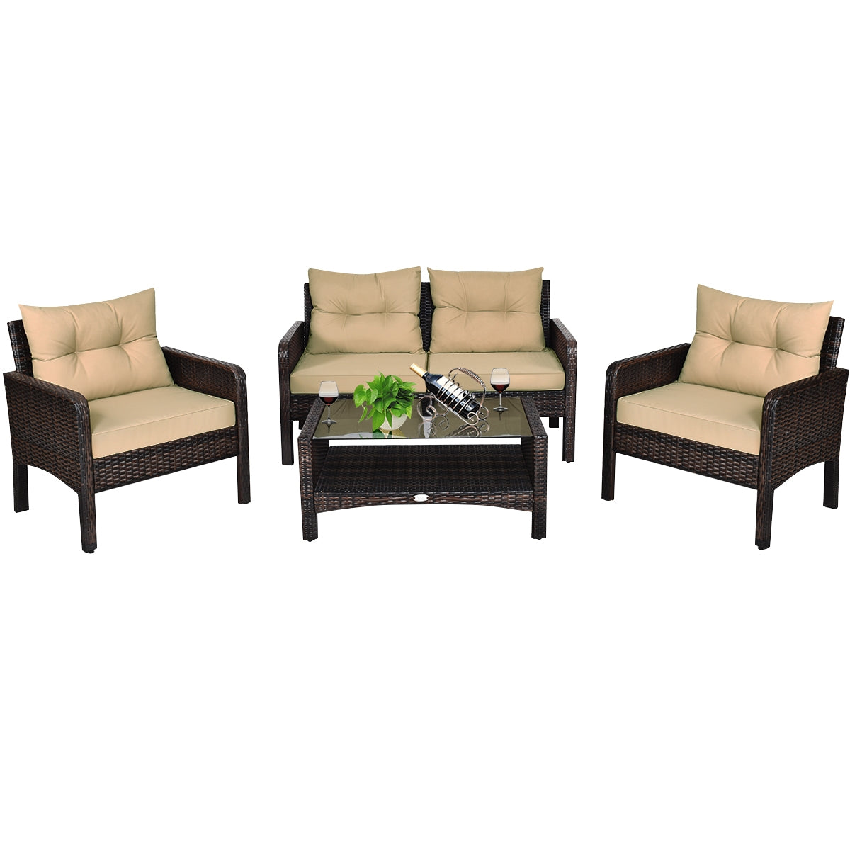 4 Pieces Patio Rattan Free Combination Sofa Set with Cushion and Coffee Table