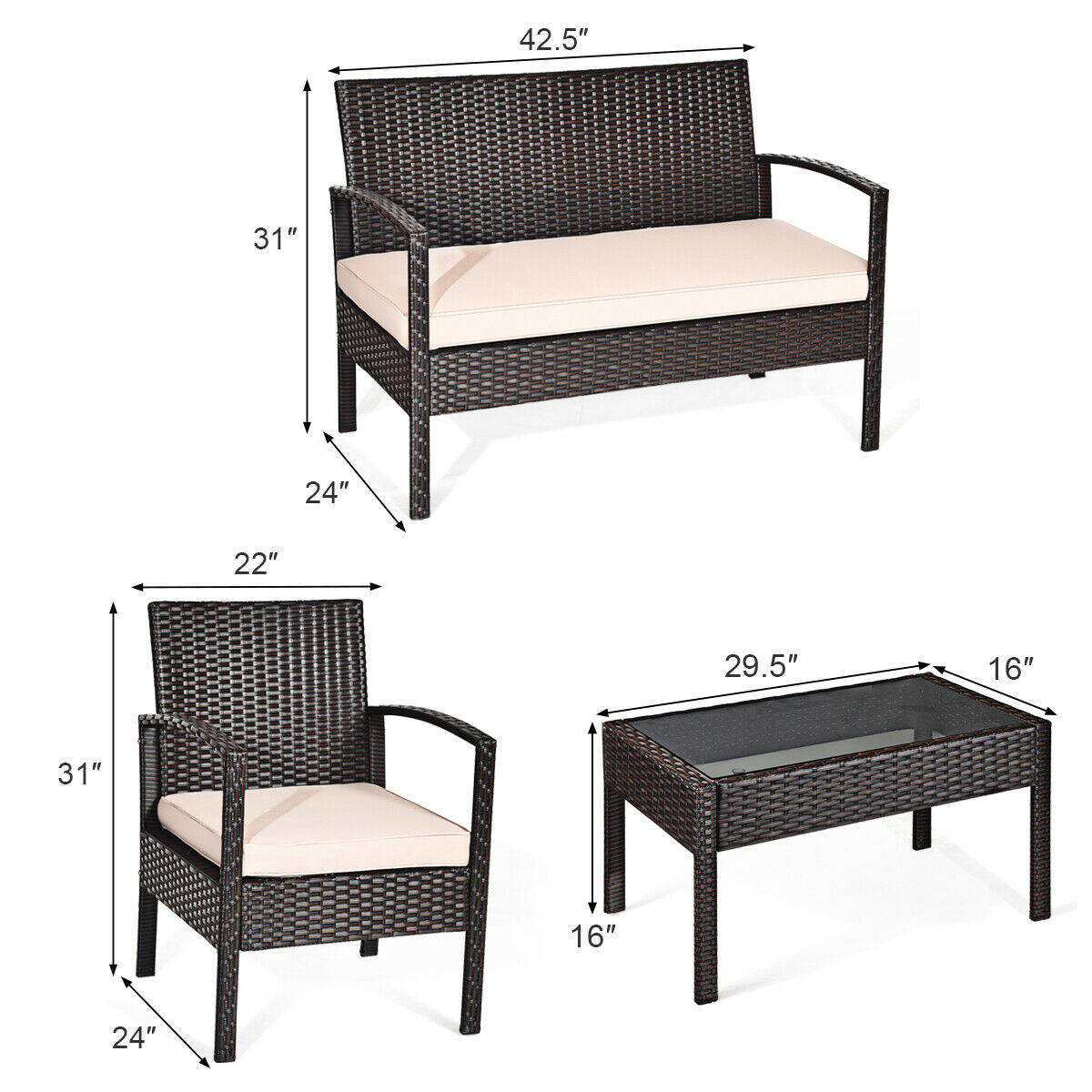 4 Pieces Patio Ratten Conversation Set with Loveseat Sofas and Coffee Table