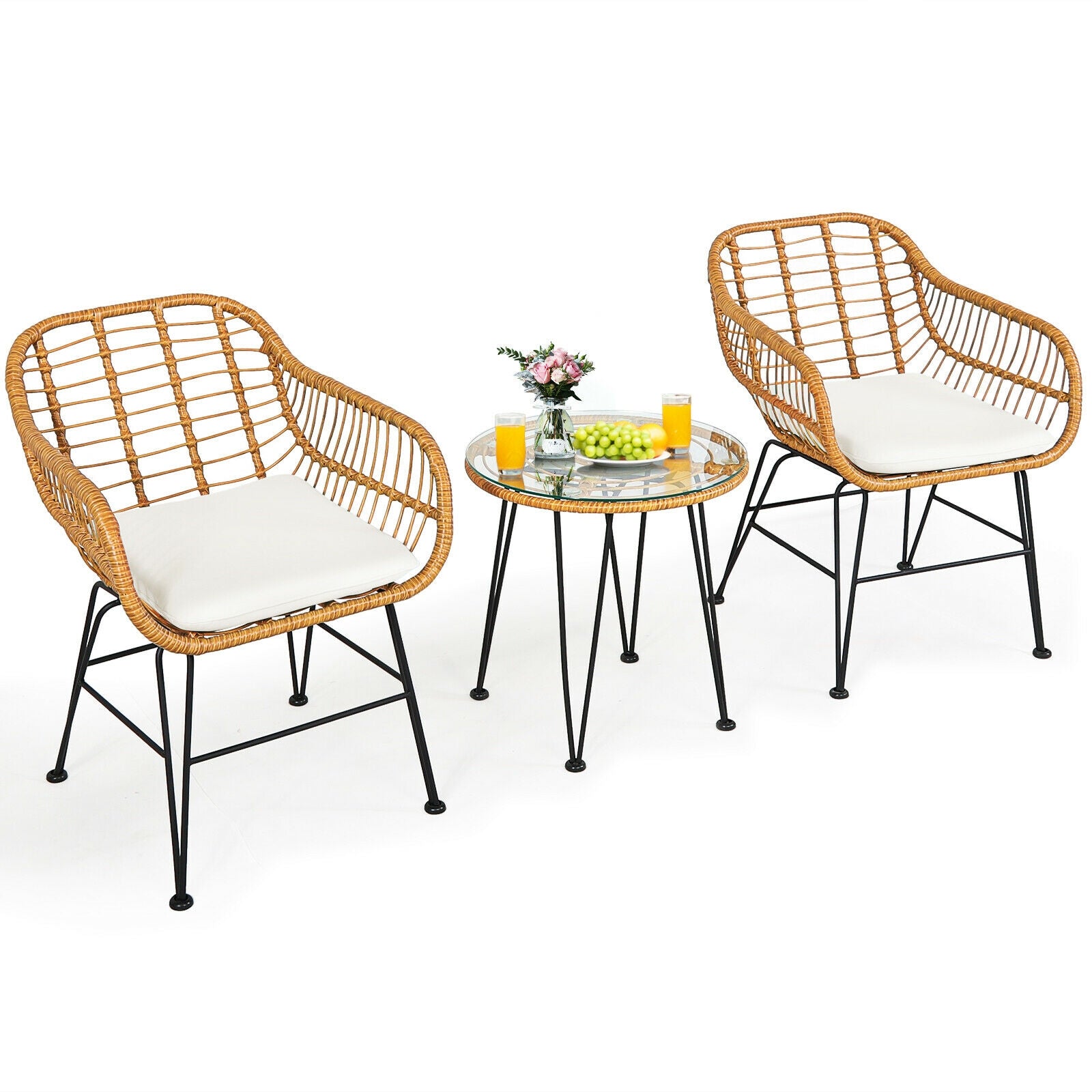 3 Pieces Rattan Furniture Set with Cushioned Chair Table-White