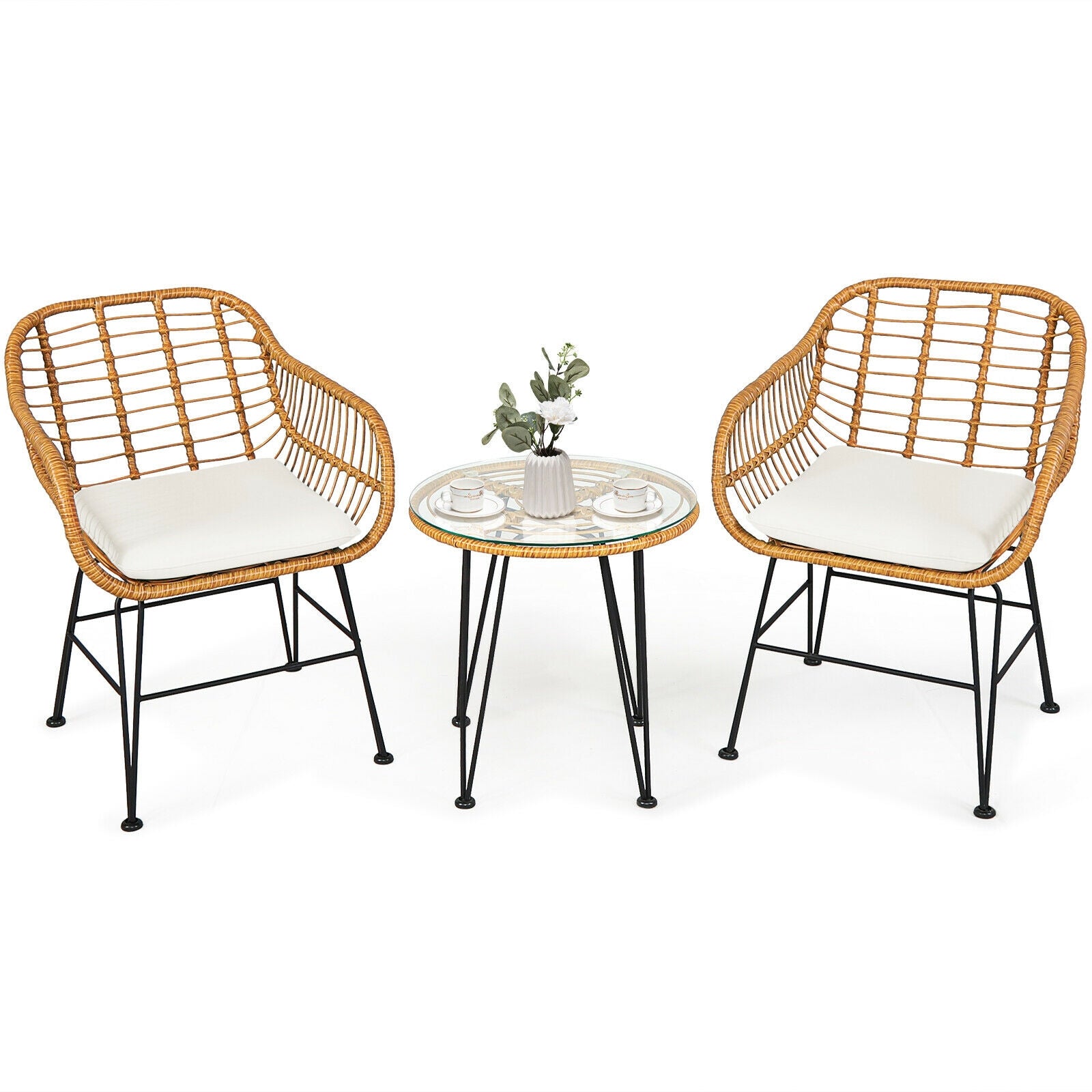 3 Pieces Rattan Furniture Set with Cushioned Chair Table-White