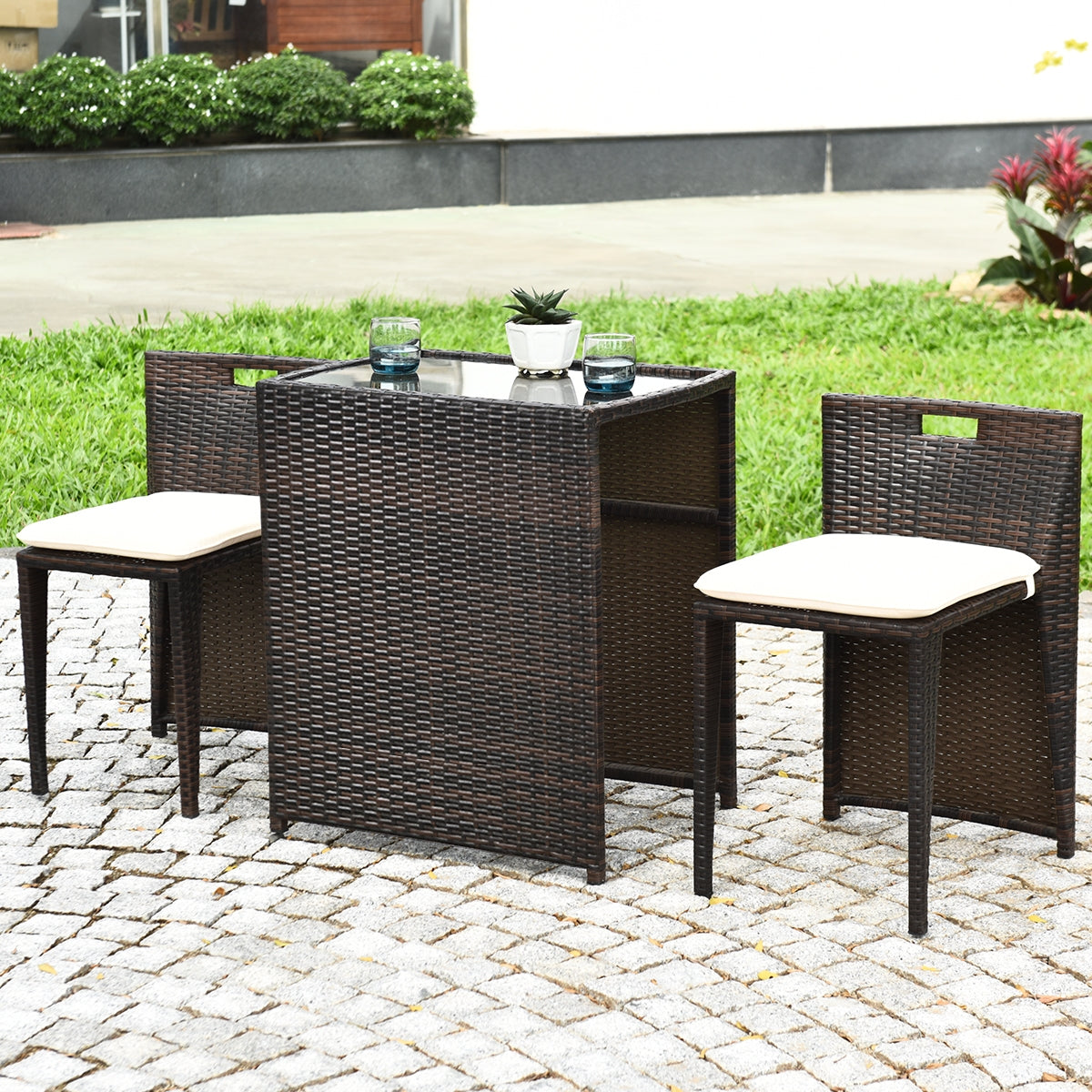 3 Pieces Cushioned Outdoor Wicker Patio Set with No Assembly Needed