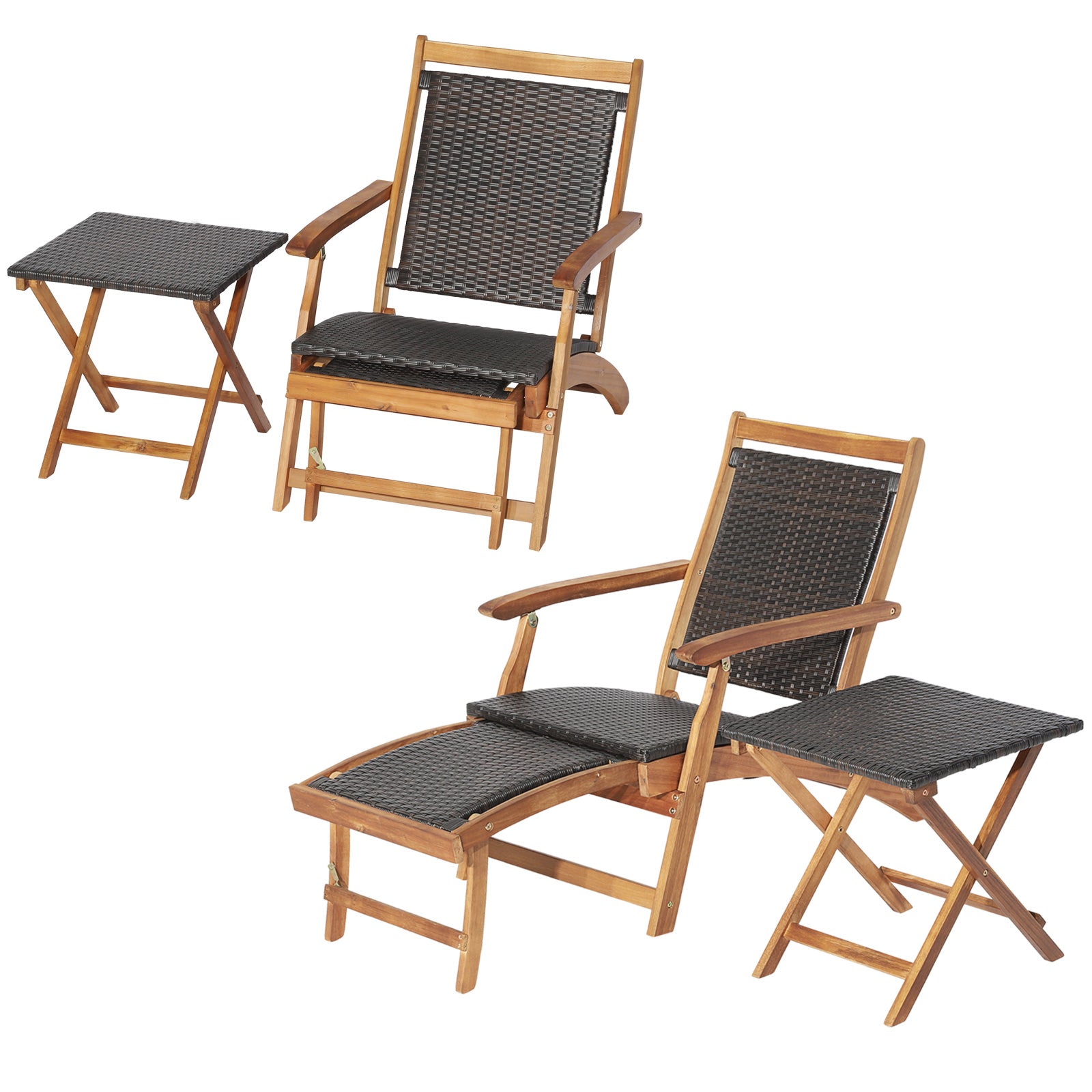 2 Pieces Patio Rattan Folding Lounge Chair with Acacia Wood Table