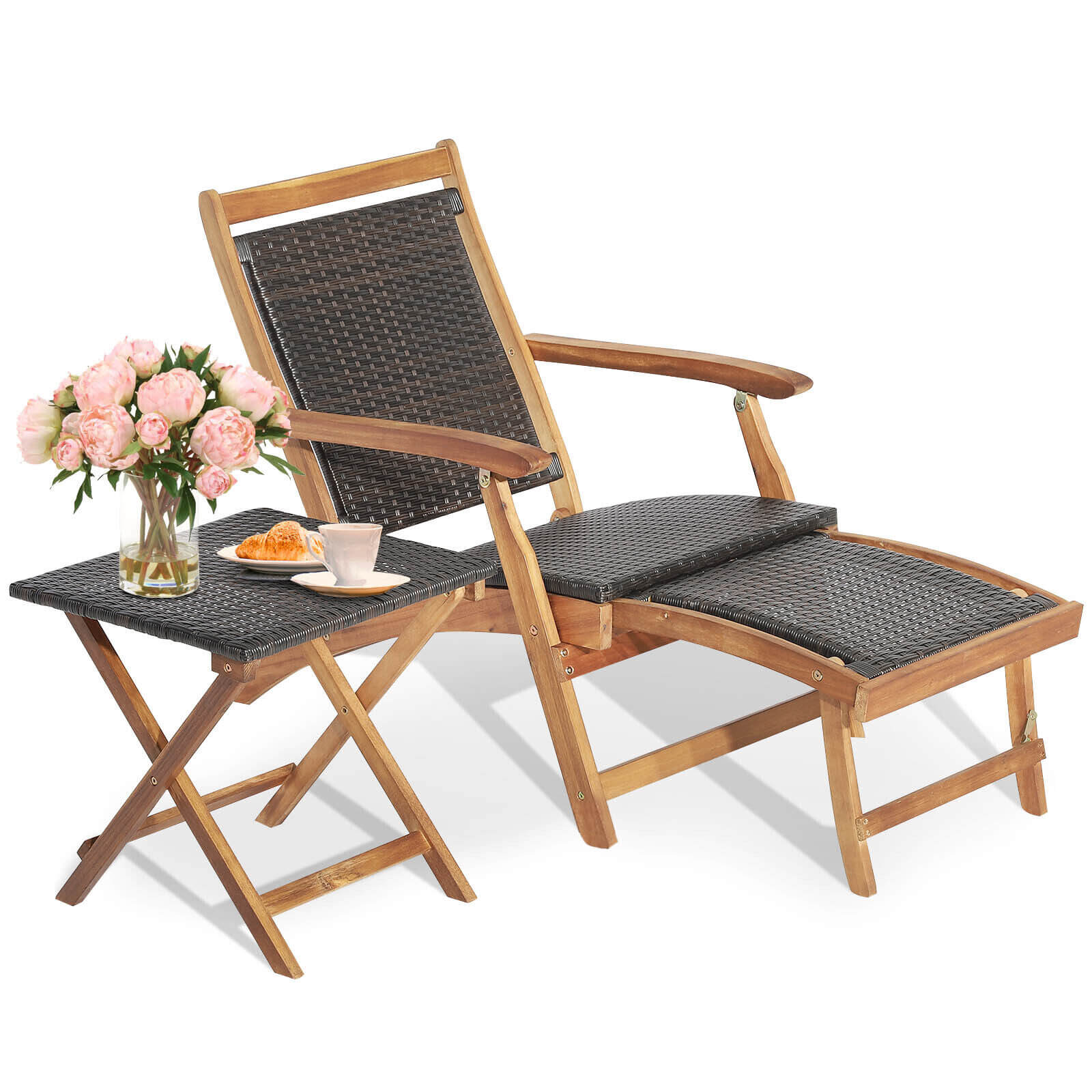 2 Pieces Patio Rattan Folding Lounge Chair with Acacia Wood Table