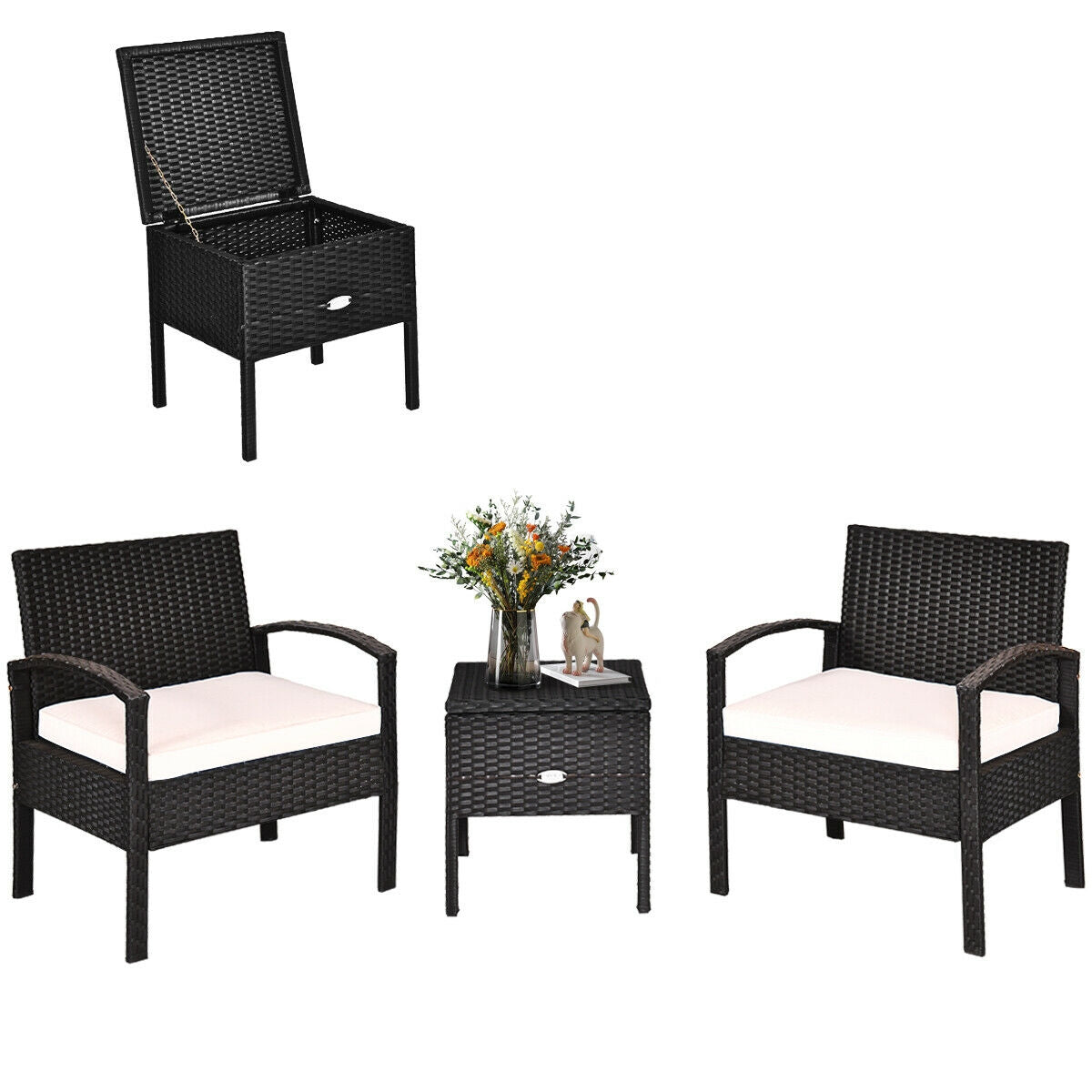 3 Piece PE Rattan Wicker Sofa Set with Washable and Removable Cushion for Patio