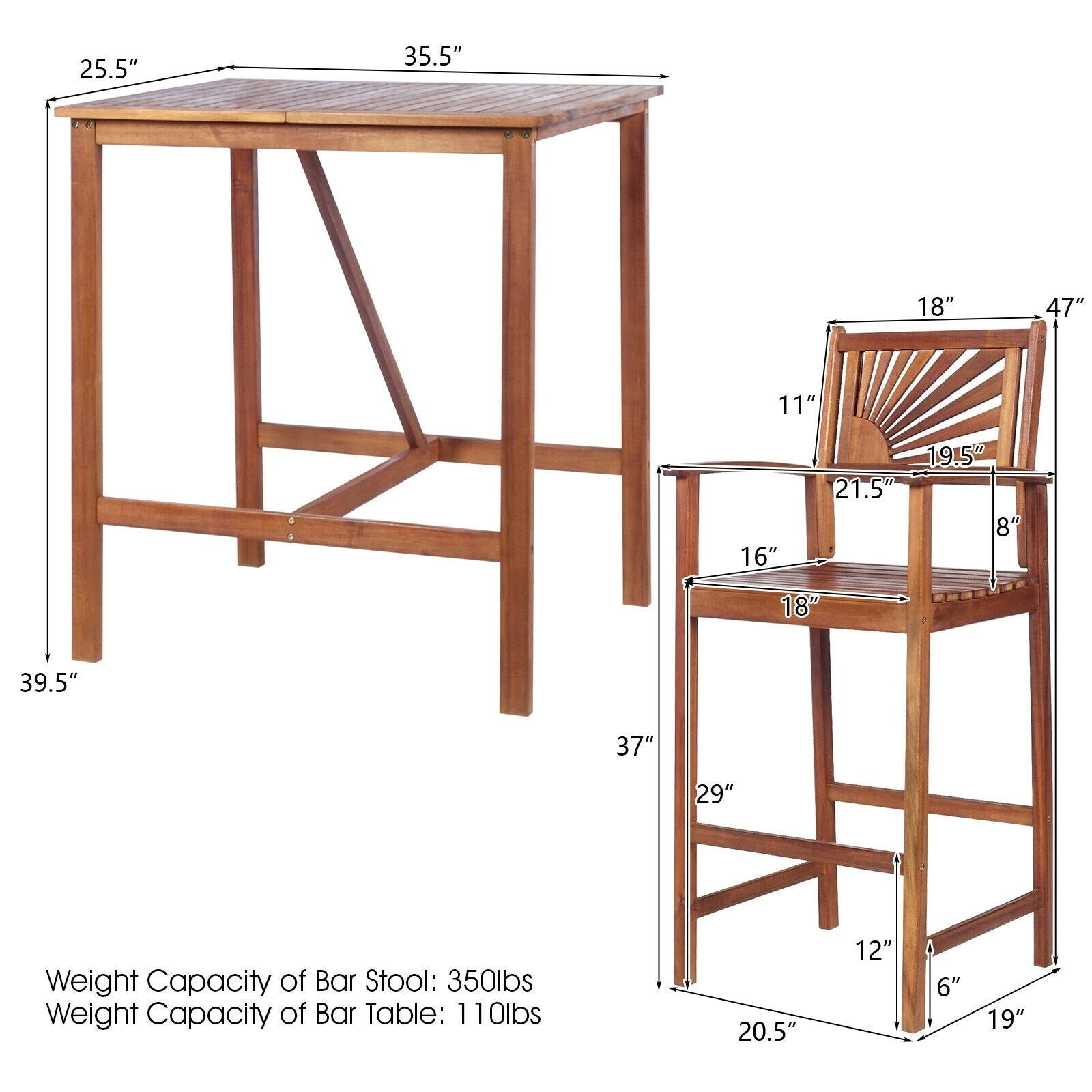 3 Pieces Acacia Wood Patio Bar Set with Sunflower Patterned Backrest